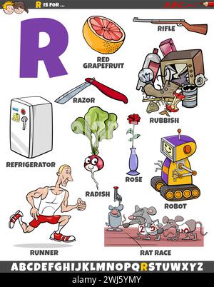 Cartoon illustration of objects and characters set for letter R Stock Vector