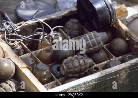 10th March 1991 An assortment of Iraqi hand grenades and plastic land mines on the sea front in Kuwait City. Stock Photo