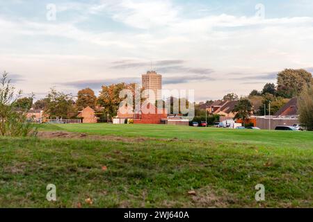 Point Royal Flats, block of flats in Bracknell, Berkshire, view from Crowthorne Road in autumn Stock Photo