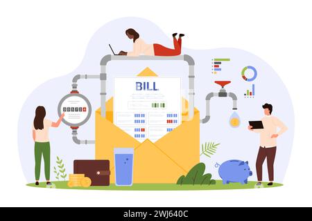 Payment for water supply using utility invoice from paper letter. Tiny people check water consumption for home piping with meter readings, unpaid bill in open envelope cartoon vector illustration Stock Vector