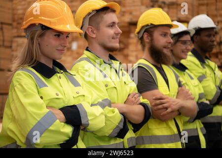 Portrait of a group of workers work in a woodworking factory, Standing with arms crossed in a wooden warehouse. Stock Photo