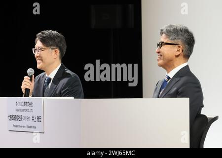 Tokyo, Japan. 13th Feb, 2024. Toyota Motor president Koji Sato (L) announces the company's Latin American region chief Masahiro Inoue (R) will become the president of Daihatsu Motor, Toyota's small vehicle subsidiary from March 1 at a press conference in Tokyo on Tuesday, February 13, 2024. Daihatsu Motor president Soichiro Okudaira will quit for a safety testing scandal. (photo by Yoshio Tsunoda/AFLO) Stock Photo