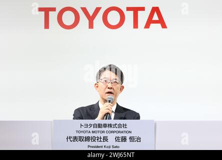 Tokyo, Japan. 13th Feb, 2024. Toyota Motor president Koji Sato announces the company's Latin American region chief Masahiro Inoue will become the president of Daihatsu Motor, Toyota's small vehicle subsidiary from March 1 at a press conference in Tokyo on Tuesday, February 13, 2024. Daihatsu Motor president Soichiro Okudaira will quit for a safety testing scandal. (photo by Yoshio Tsunoda/AFLO) Stock Photo
