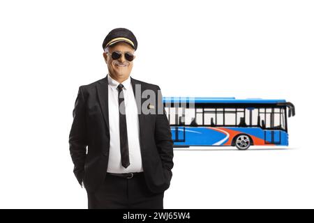 Professional mature chauffeur posing in front of a city bus isolated on white background Stock Photo