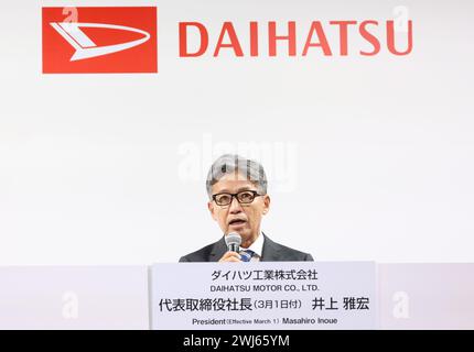 Tokyo, Japan. 13th Feb, 2024. Toyota Motor Latin American region chief Masahiro Inoue speaks at a press conference as he will become the president of Daihatsu Motor, Toyota's small vehicle subsidiary from March 1 in Tokyo on Tuesday, February 13, 2024. Daihatsu Motor president Soichiro Okudaira will quit for a safety testing scandal. (photo by Yoshio Tsunoda/AFLO) Stock Photo