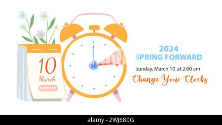 Daylight Saving Time Begins concept. Vector illustration of clock and calendar date of changing time at sunday, march 10, 2024 with spring flowers dec Stock Photo