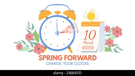 Daylight saving time, 2023 concept. Alarm clock and calendar with the date of March 10, on the floral background. Spring Forward reminder banner with Stock Photo
