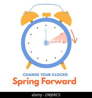 Spring Forward banner. Daylight saving time begins - alarm clock turn forward one hour. Banner reminder. Vector illustration on white background Stock Photo