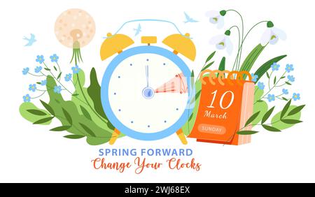 Spring time forward banner. Alarm clock turning one hour forward on the calendar date march 10, 2024. Spring cozy vector illustration with alarm clock Stock Photo