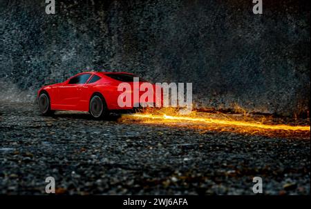 Red toy race car apparently speeding so fast it has left a trail of fire Stock Photo
