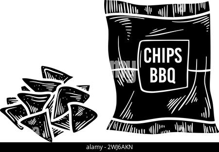 black potato silhouette or flat tortilla illustration of BBQ logo snack for food with chip icon and crisp shape eat as crunchy to corn Stock Vector