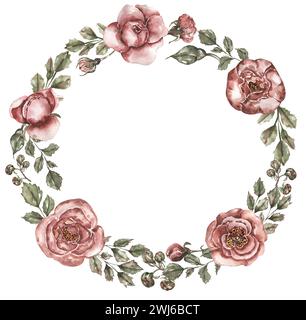 Watercolor red peony flowers, leaves  wreath illustration Stock Photo