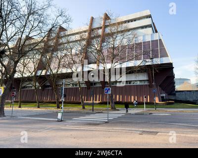 Strasbourg, France - Jan 10, 2024: A large, contemporary structure of Council of Europe headquarter featuring a multitude of windows on its side, creating a striking architectural composition Stock Photo