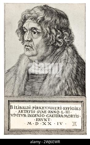 Bookplate of Bilibaldus (Willibald Pirkheimer,) German Renaissance lawyer, by Albrecht Dürer, 1524. Black and White Illustration from the Connoisseur, an Illustrated Magazine for Collectors Voll 3 (May-Aug 1902) published in London. Stock Photo