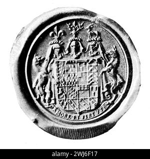 The Family Seal of Sir Walter Raleigh or Ralegh (1552 – 29 October 1618) , Black and White Illustration from the Connoisseur, an Illustrated Magazine for Collectors Voll 3 (May-Aug 1902) published in London. Stock Photo