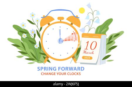 Spring Daylight Saving Time Begins info banner. Turning forward an hour clock and schedule with calendar date of changing time in march 10, 2024. Spri Stock Photo
