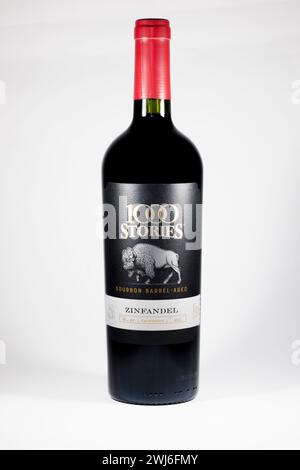 Bottle of 1000 Stories Bourbon Barrel Aged Californian Zinfandel Red Wine Batch Number 87 Vintage 2021 Stock Photo