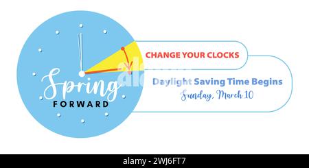 Daylight Saving Time Begins. Spring Forward Time in March 10, 2024 Web Banner Reminder. Vector illustration with clocks turning to an hour ahead Stock Photo