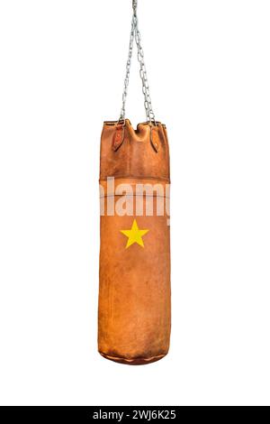 Brown leather hanging boxing bag isolated on a white background Stock Photo
