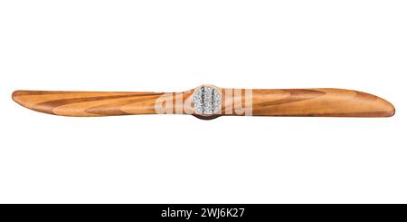 Ancient weathered wooden airplane propeller isolated on a white background Stock Photo