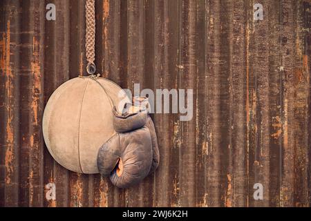 Vintage leather boxing gloves and training ball in front of a weathered steel wall Stock Photo