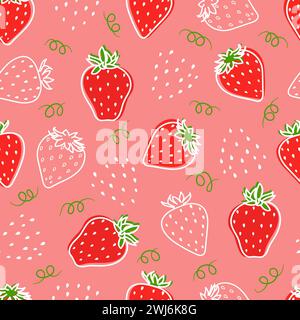 Vector seamless pattern with hand drawn strawberries. Summer fruit seasonal background, wallpaper. Stock Vector
