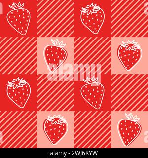 Strawberries gingham plaid, tartan fabric texture, vector seamless pattern. Checkered repeat pattern textile design, wallpaper, background. Stock Vector