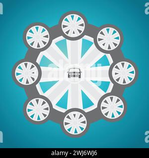 Car wheels arranged in shape of a ferris wheel with a car logo in the middle Stock Vector