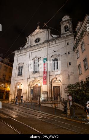 Church of Saint Mary Magdalene (Portuguese: Igreja da Madalena) at night in Lisbon, Portugal. Stock Photo