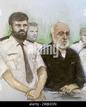 Court artist drawing by Elizabeth Cook of Piran Ditta Khan appearing at Leeds Crown Court charged with the 2005 murder of Police Constable Sharon Beshenivsky in Bradford. Picture date: Monday February 12, 2024. Stock Photo