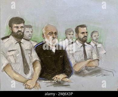 Court artist drawing by Elizabeth Cook of Piran Ditta Khan appearing at Leeds Crown Court charged with the 2005 murder of Police Constable Sharon Beshenivsky in Bradford. Picture date: Monday February 12, 2024. Stock Photo