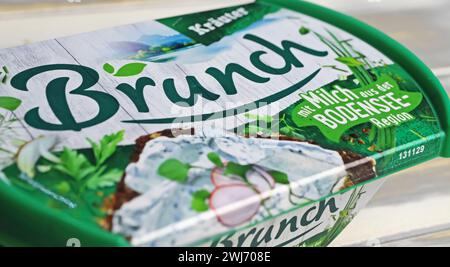 Viersen, Germany - January 9. 2024: Closeup of package german Edelweiss Brunch herbs bread spread Stock Photo