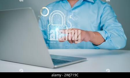 Businessman using computer secure encryption technology, cybersecurity privacy of data protection, security Internet access, security encryption of us Stock Photo