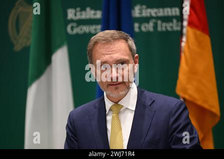 Dublin, Ireland. 13th Feb, 2024. Christian Lindner (FDP), Federal Minister of Finance, speaks during a joint press statement with the Irish Finance Minister as part of his visit to Ireland. The Federal Minister of Finance is visiting the UK and Ireland on February 12 and 13. Credit: Sebastian Gollnow/dpa/Alamy Live News Stock Photo