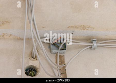 Electrical wiring in the old house surface-mounted with terminals Stock Photo