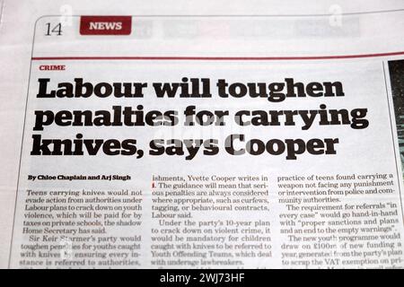'Labour will toughen penalties for carrying knives, says Cooper' inews i newspaper headline teens knife crime clipping 25 January 2024 London UK Stock Photo
