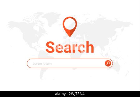 Website search bar browser world map. Research field find tab app search url concept. Stock Vector