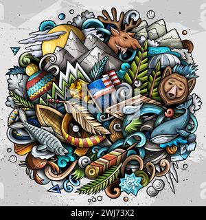 Alaska hand drawn cartoon doodle illustration. Funny USA State design. Creative art vector background. Colorful composition Stock Vector