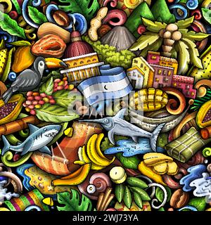 Cartoon doodles Nicaragua seamless pattern. Backdrop with Nicaraguan culture symbols and items. Colorful background for fabric, greeting cards, wallpa Stock Vector