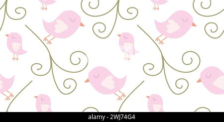 Cute Seamless Pattern with Cartoon birds and Flourish. Spring Vector Flat background in Pastel colors. Template for Wallpapers, Pattern fills, Web pag Stock Vector