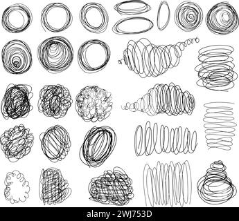 Hand drawn scribbles collection. Black pencil curly lines, drawing squiggles, curvature strokes. Scrawl vector textured elements isolated on white bac Stock Vector