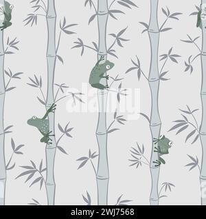 Seamless vector pattern with playful frogs hiding in a bamboo forest, sogr gray colors, japandi. Vector illustration Stock Vector