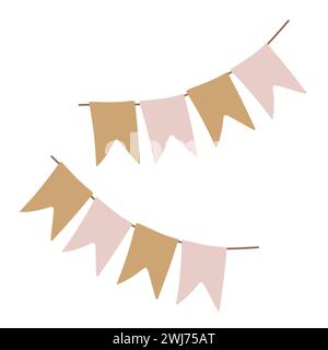 Pennant banner Garland, Vector Flat illustration. Hanging Pastel color Flags. Holiday party bunting, Festive decoration. Design element and Graphic Ar Stock Vector