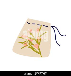 small fabric bag for reusable thing, cloth with flower. Vector illustration can used for ecology icon of zero waste concept. Pink flowers on small bag. Eco trendy vector illustration.  Stock Vector