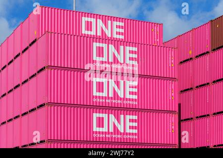 MAASVLAKTE, ROTTERDAM, THE NETHERLANDS - MARCH 17, 2019: Eye-catching pink shipping containers of the company Ocean Network Express (ONE) stacked at a Stock Photo