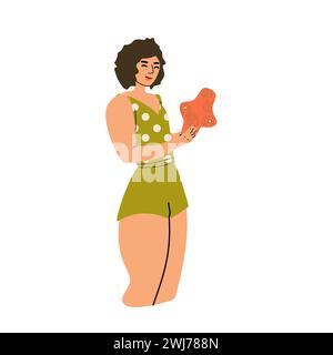 woman holding pad - female hygiene reusable product. Vector illustration isolated. Can used for organic pad of zero waste banner, menstruation concept banner, card.  Stock Vector
