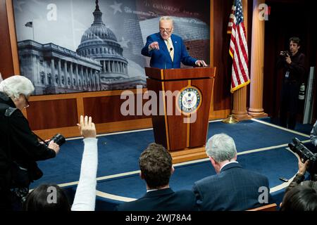 Washington, United States. 13th Feb, 2024. Senate Majority Leader Chuck Schumer (D-NY) speaking at a press conference at the U.S. Capitol. (Photo by Michael Brochstein/Sipa USA) Credit: Sipa USA/Alamy Live News Stock Photo
