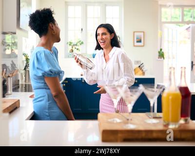 Two Mature Female Friends At Home Having Fun Mixing Cocktails Together Stock Photo