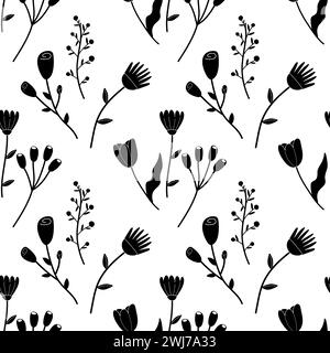 Seamless floral spring flowers silhouettes black white illustration. For your design, wrapping paper, fabric. Stock Vector