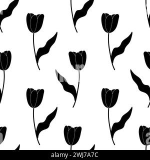Seamless floral spring tulip flower silhouettes black white.  For your design, wrapping paper, fabric. Stock Vector